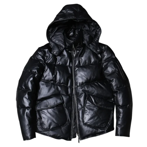 Menâ€™s Black Genuine Sheepskin Removable Hood Padded Fashionable Warm Outfit Winter Puffer Leather Jacket