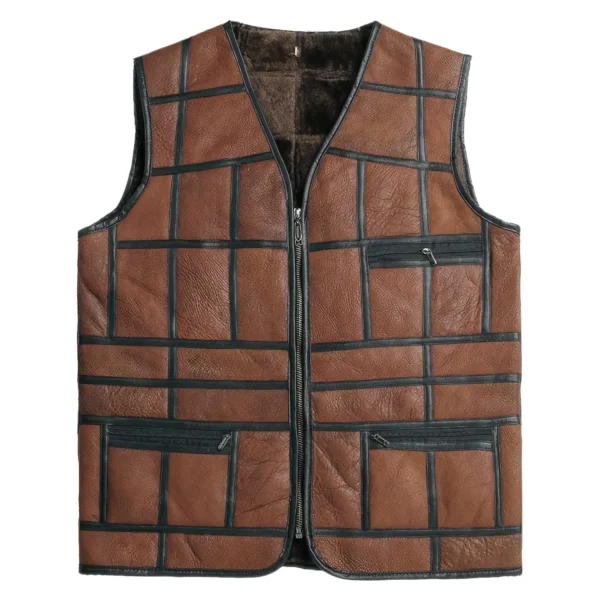 Menâ€™s Brown Genuine Sheepskin Leather Black Stripped Design Vest Classic Fashion Casual Distressed V-Neck Leather Waistcoat