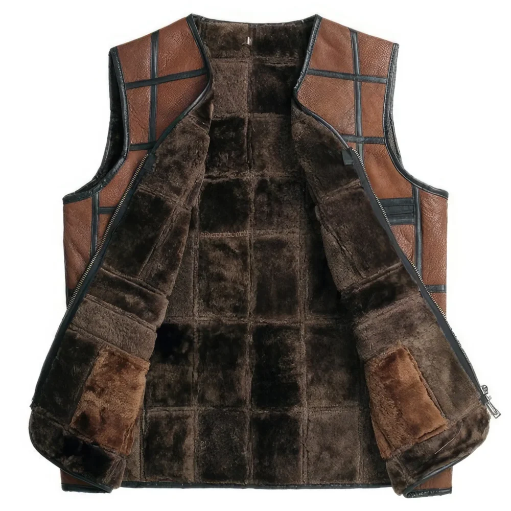 Menâ€™s Brown Genuine Sheepskin Leather Black Stripped Design Vest Classic Fashion Casual Distressed V-Neck Leather Waistcoat - Image 2
