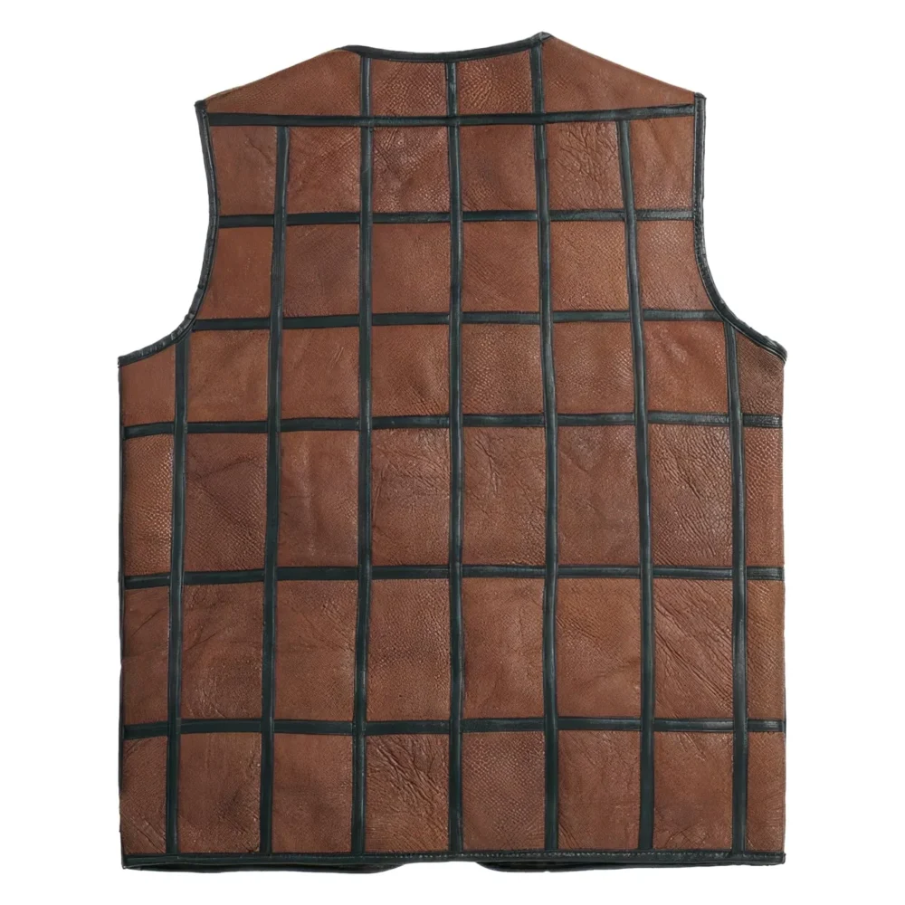 Menâ€™s Brown Genuine Sheepskin Leather Black Stripped Design Vest Classic Fashion Casual Distressed V-Neck Leather Waistcoat - Image 3