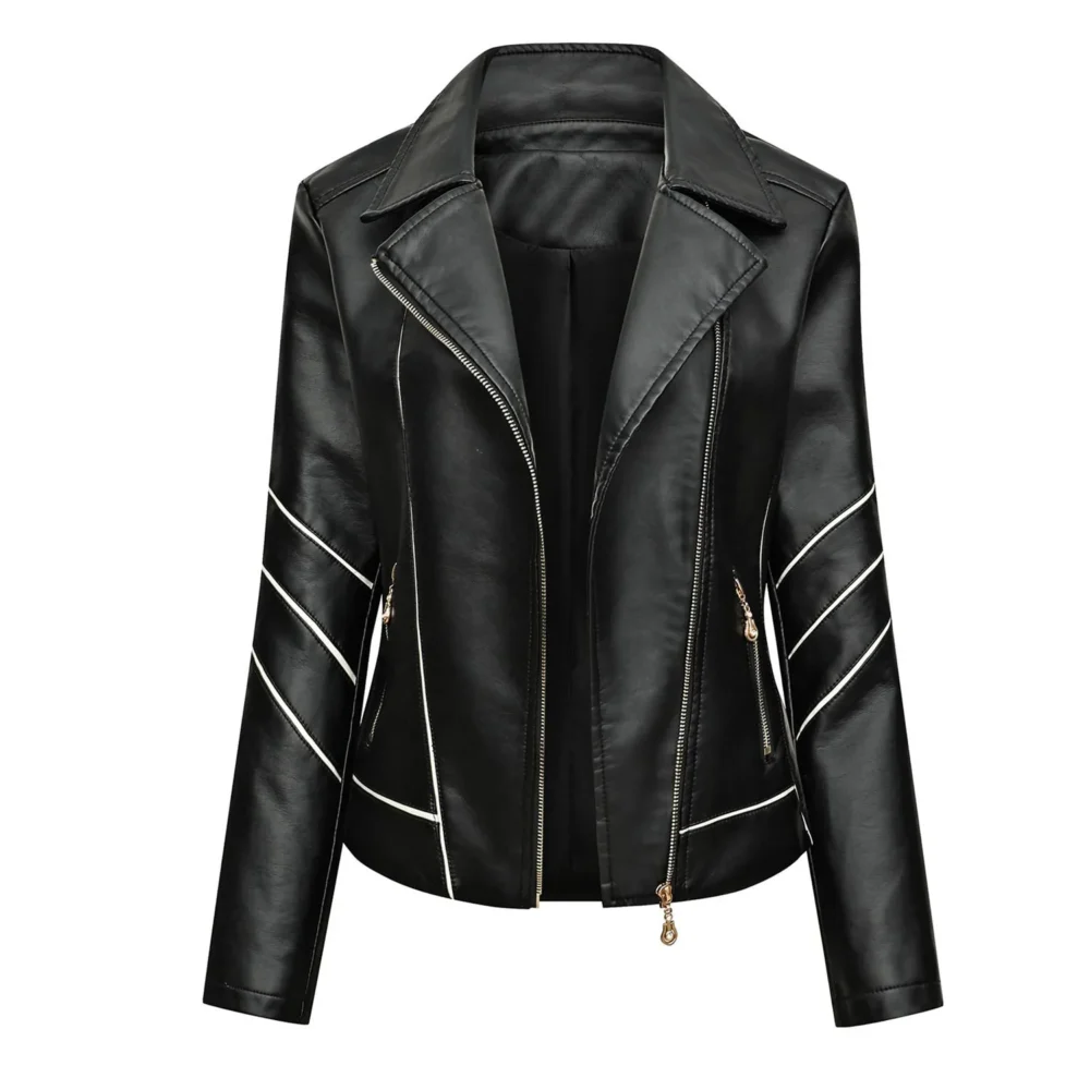 Womenâ€™s Black Racer Genuine Sheepskin White Stripes Asymmetric Motorcycle CafÃ© Racer Slim Fit Sporty Leather Jacket