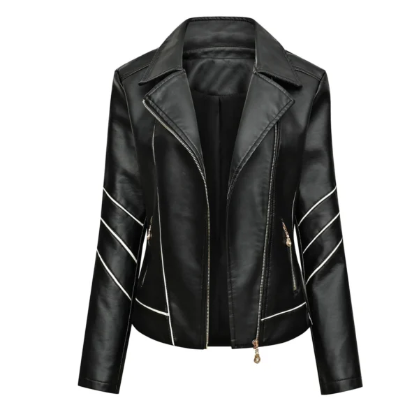 Womenâ€™s Black Racer Genuine Sheepskin White Stripes Asymmetric Motorcycle CafÃ© Racer Slim Fit Sporty Leather Jacket