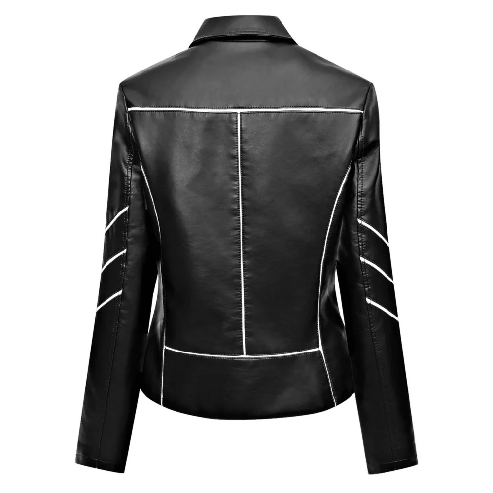 Womenâ€™s Black Racer Genuine Sheepskin White Stripes Asymmetric Motorcycle CafÃ© Racer Slim Fit Sporty Leather Jacket - Image 2