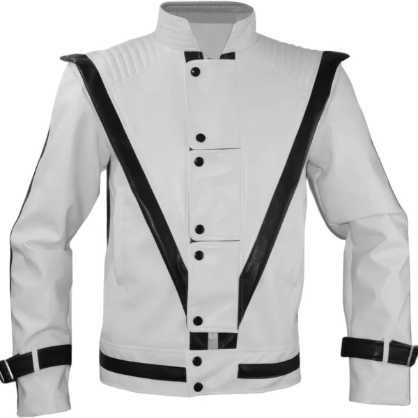Menâ€™s White Genuine Sheepskin Quilted Shoulders Classic Retro Fashion Celebrity Inspired Black Strips Cosplay Leather Jacket