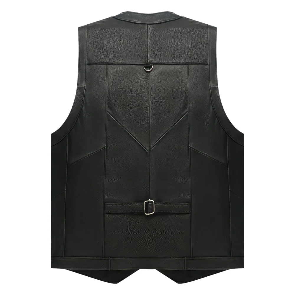 Menâ€™s Black Biker Genuine Cowhide V-Neck Cafe Racer Vest Multi Pockets Motorcycle Sporty Racer Leather Waistcoat - Image 2
