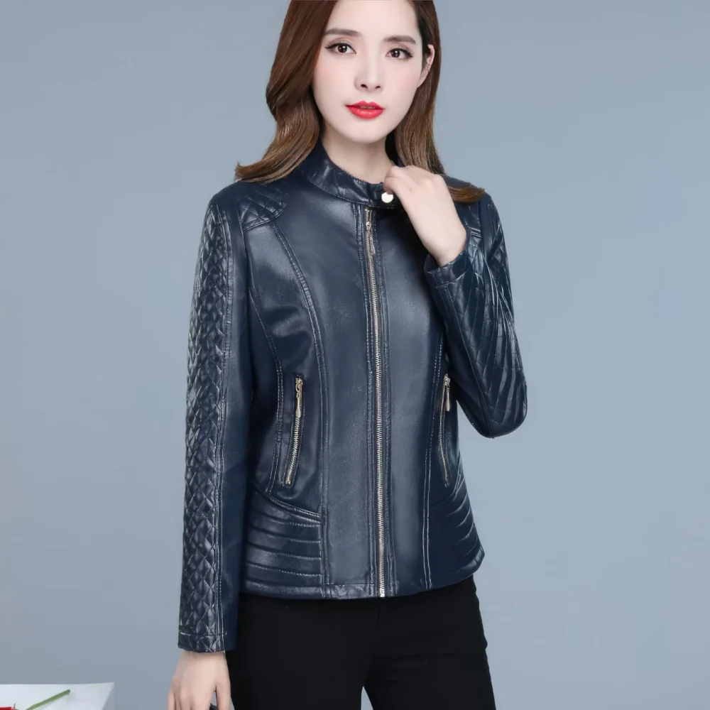 Womenâ€™s Blue Genuine Sheepskin Diamond Quilted Sleeves Smooth Lightweight Korean Fashion Slim Fit Retro Leather Jacket