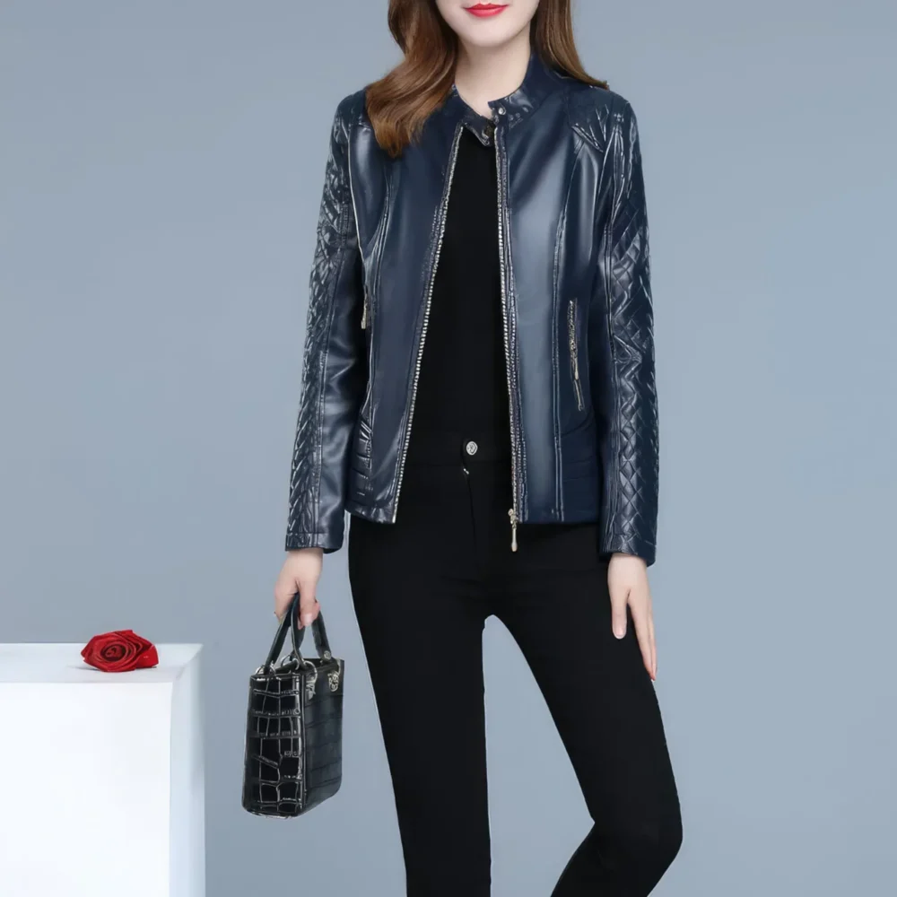Womenâ€™s Blue Genuine Sheepskin Diamond Quilted Sleeves Smooth Lightweight Korean Fashion Slim Fit Retro Leather Jacket - Image 3