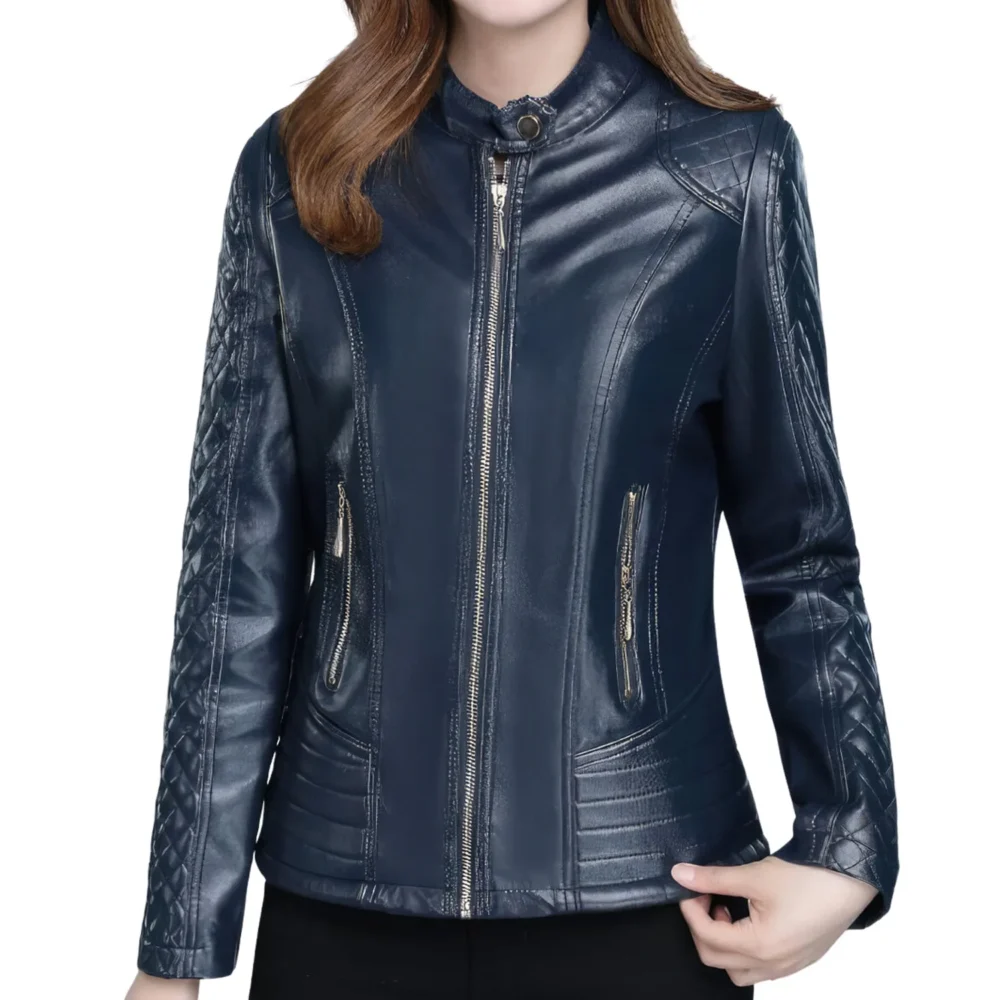 Womenâ€™s Blue Genuine Sheepskin Diamond Quilted Sleeves Smooth Lightweight Korean Fashion Slim Fit Retro Leather Jacket - Image 5