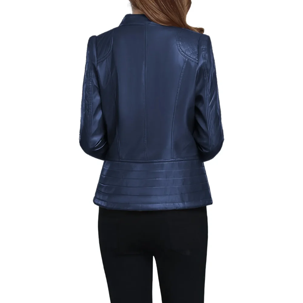 Womenâ€™s Blue Genuine Sheepskin Diamond Quilted Sleeves Smooth Lightweight Korean Fashion Slim Fit Retro Leather Jacket - Image 2