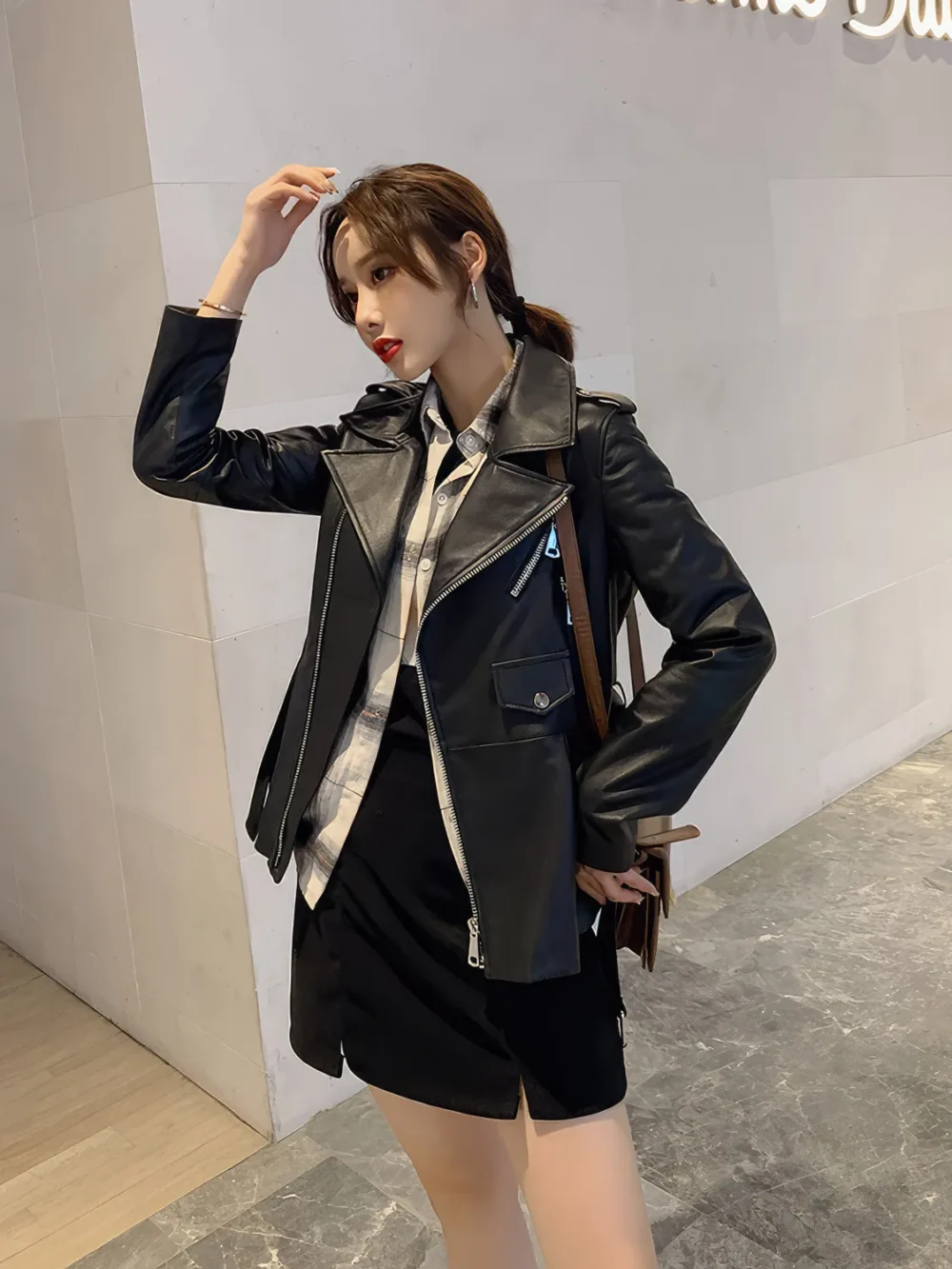 Womenâ€™s Black Genuine Sheepskin Suit Collar Motorcycle Pleated Korean Style Asymmetric Crossover Winter Leather Jacket - Image 6