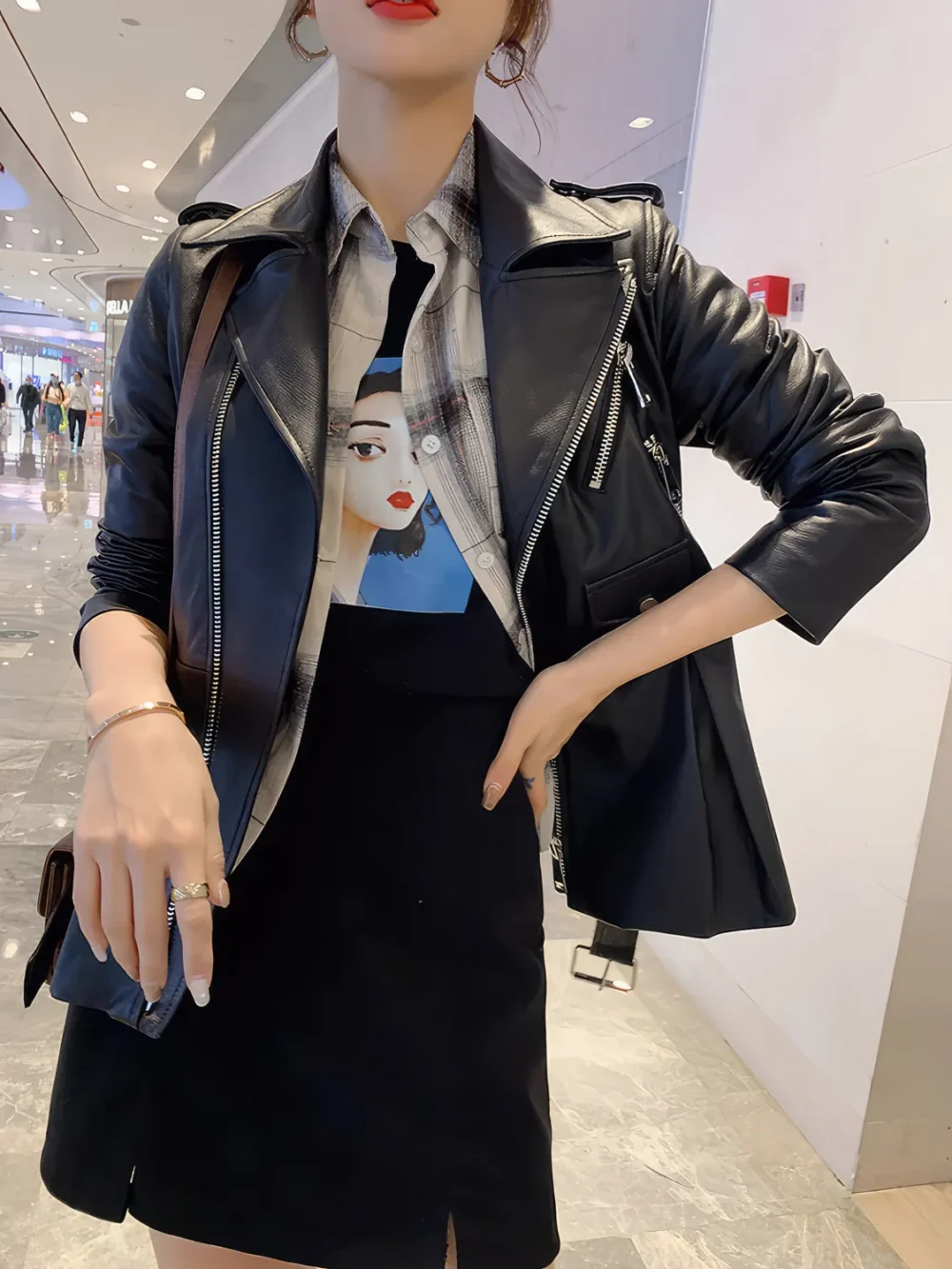 Womenâ€™s Black Genuine Sheepskin Suit Collar Motorcycle Pleated Korean Style Asymmetric Crossover Winter Leather Jacket