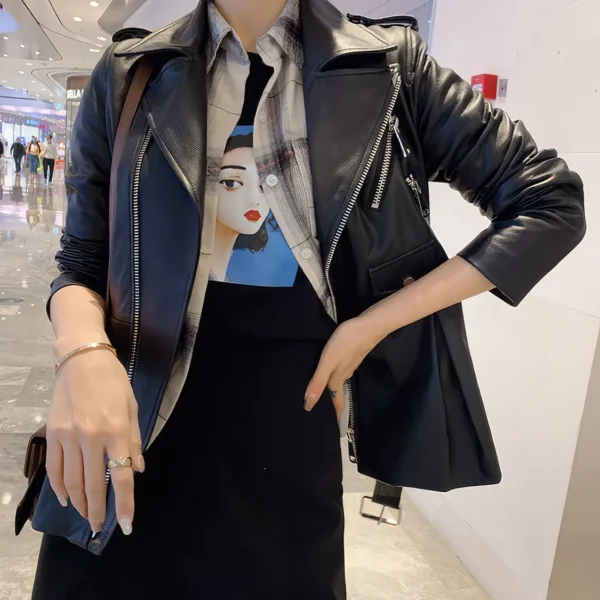 Womenâ€™s Black Genuine Sheepskin Suit Collar Motorcycle Pleated Korean Style Asymmetric Crossover Winter Leather Jacket