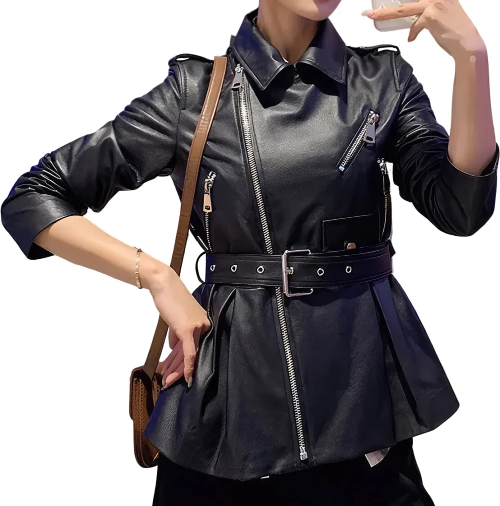 Womenâ€™s Black Genuine Sheepskin Suit Collar Motorcycle Pleated Korean Style Asymmetric Crossover Winter Leather Jacket - Image 4