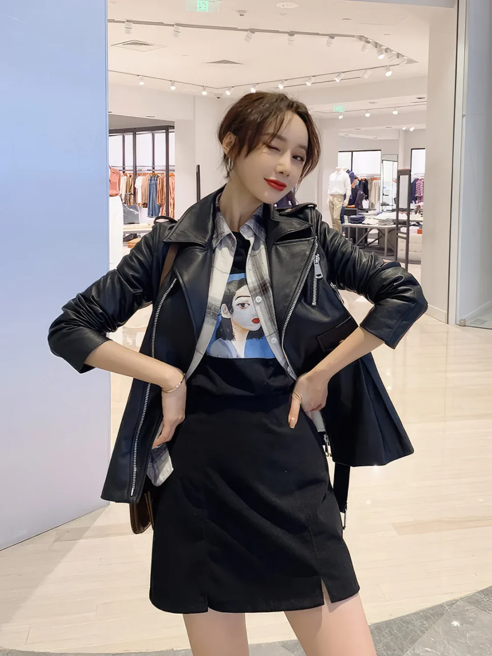 Womenâ€™s Black Genuine Sheepskin Suit Collar Motorcycle Pleated Korean Style Asymmetric Crossover Winter Leather Jacket - Image 5