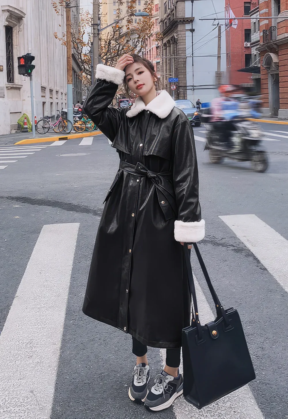 Womenâ€™s Black Genuine Sheepskin Sherpa Shearling Faux Fur Korean Fashion Winter Warm Leather Knee Length Long Coat