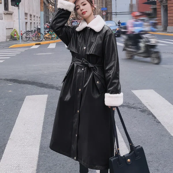 Womenâ€™s Black Genuine Sheepskin Sherpa Shearling Faux Fur Korean Fashion Winter Warm Leather Knee Length Long Coat