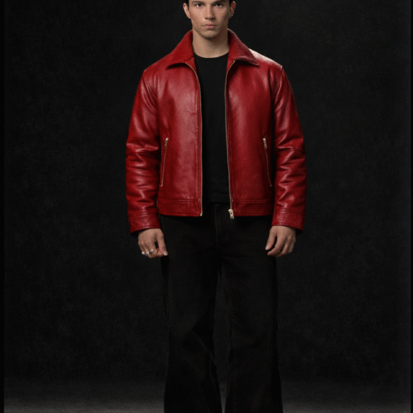 Men’s Premium Red Leather Jacket – Classic Zip-Up Biker Style