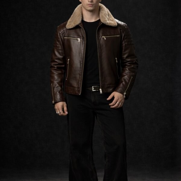 Premium Shearling Leather Jacket – Dark Brown