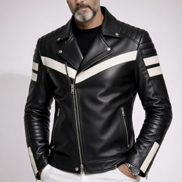Men’s Premium Black & White Biker Leather Jacket