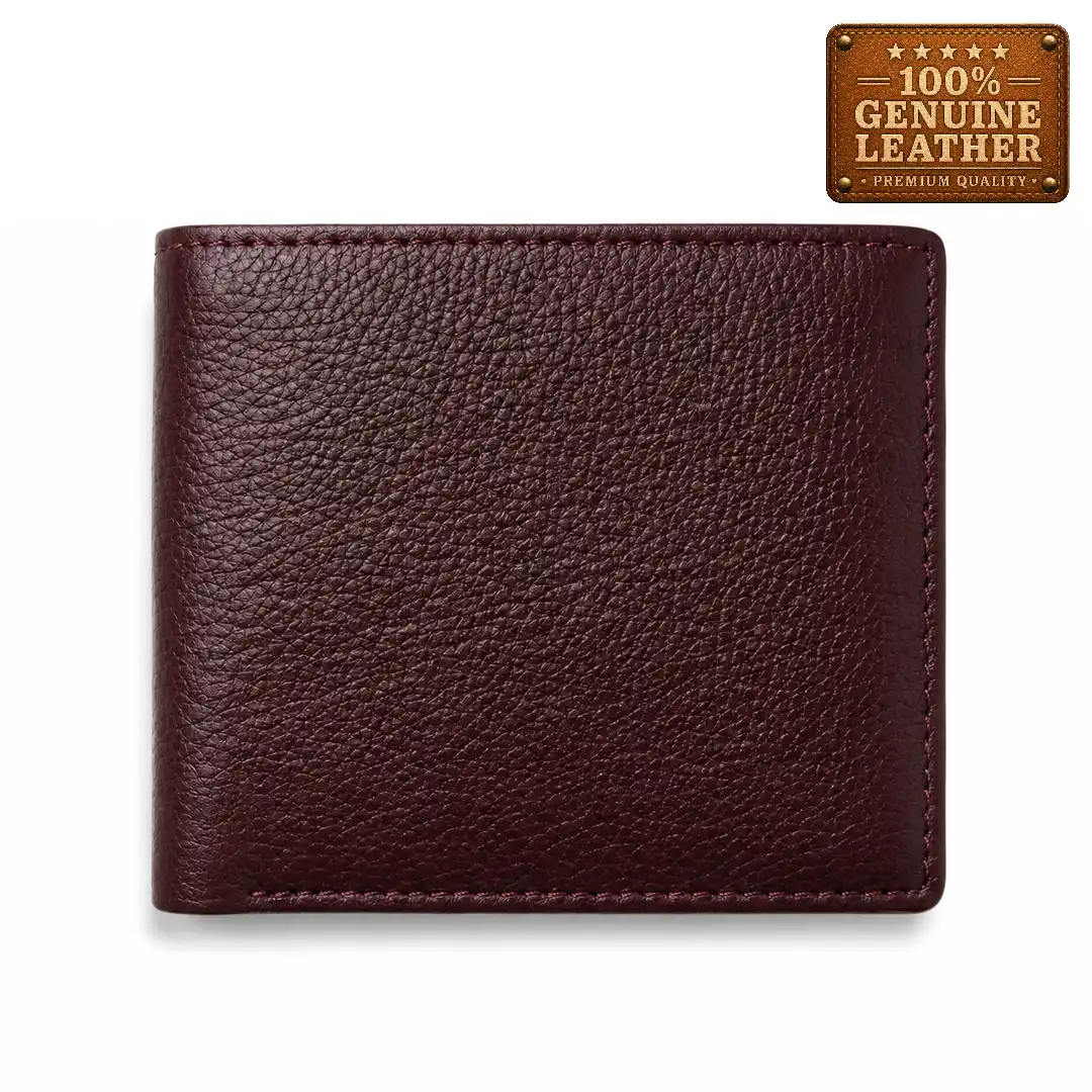 1 Real Leather Bifold Wallet with ID Window – Burgundy - Image 1